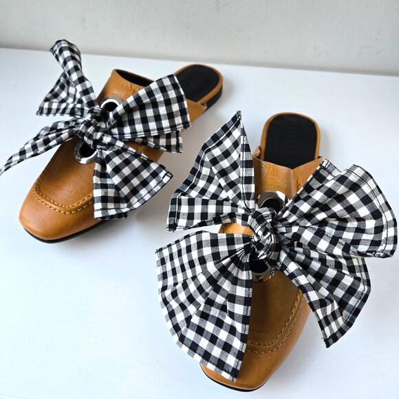 Freda Salvador NEW Ono Gingham Bow Tie Grommet Yellow Leather Mule Flats Size 7 - Picture 1 of 16